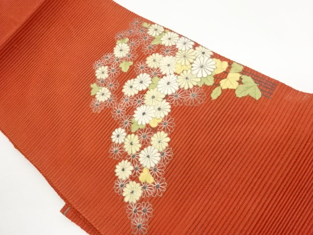Nagoya obi with chrysanthemum pattern embroidered with silver pieces in 